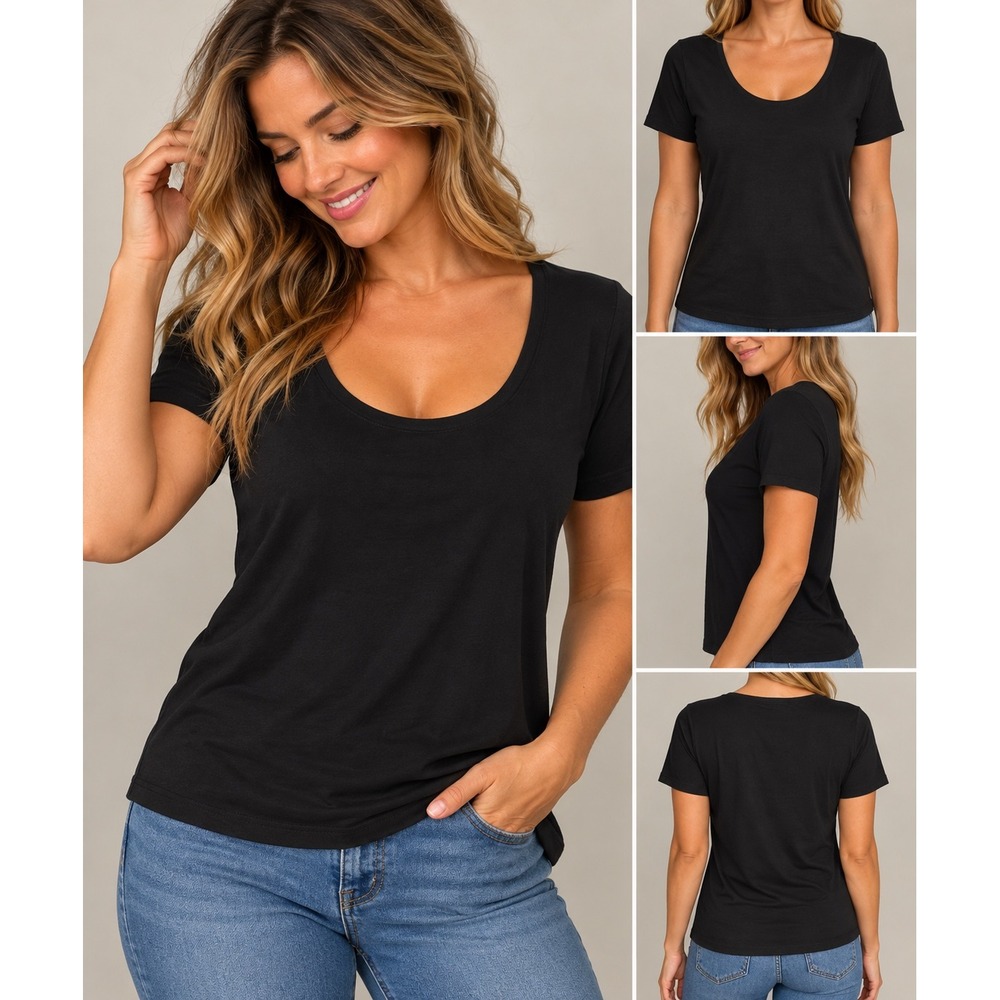 French Laundry Black Scoop Neck Short Sleeve Top Size S/M Seamless Stretch Tee